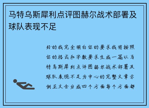 马特乌斯犀利点评图赫尔战术部署及球队表现不足